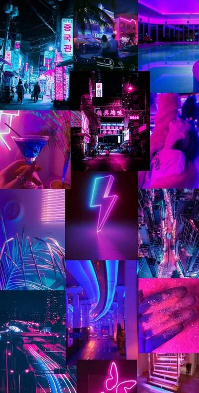 Night photos toned purple and blue — a lightning-bolt sign, lit alleys, palm leaves — tile the frame edge to edge with no gaps, hiding a notch completely.