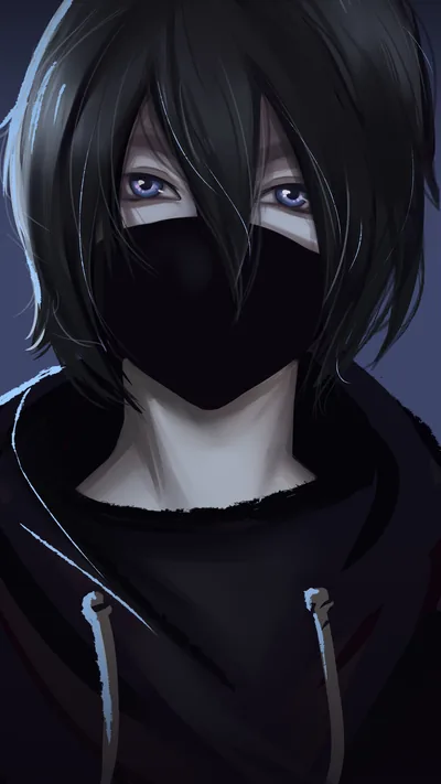 An anime boy with violet eyes and messy dark hair pulls his hood drawstrings down, a black mask covering the lower half of his face.