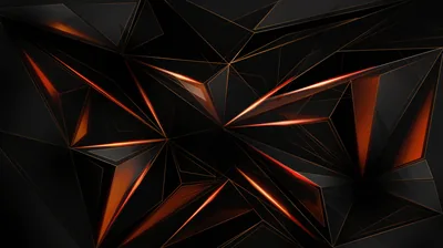 Faceted 3D triangles overlap across the frame, thin orange light burning along the exposed edges while the corners stay in deep shadow.
