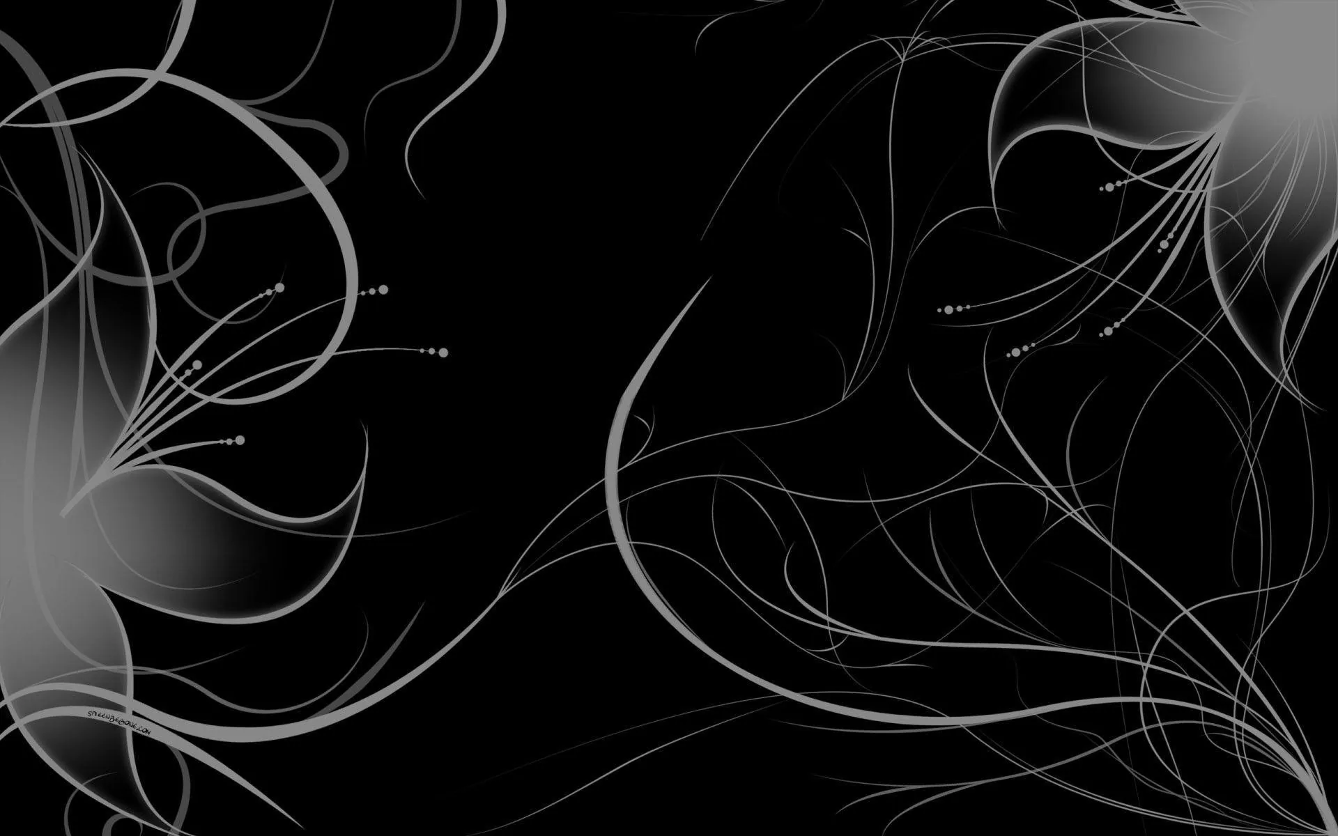 Fine curling filaments sweep in from the left and right, tipped with tiny bright points against a dark ground.