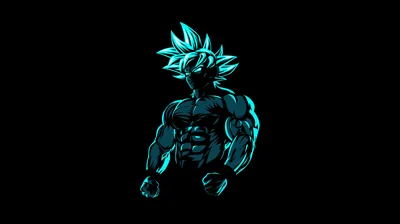 Goku stands with fists clenched, his hair and muscle lines traced in electric teal while the rest of the frame stays true black for AMOLED.