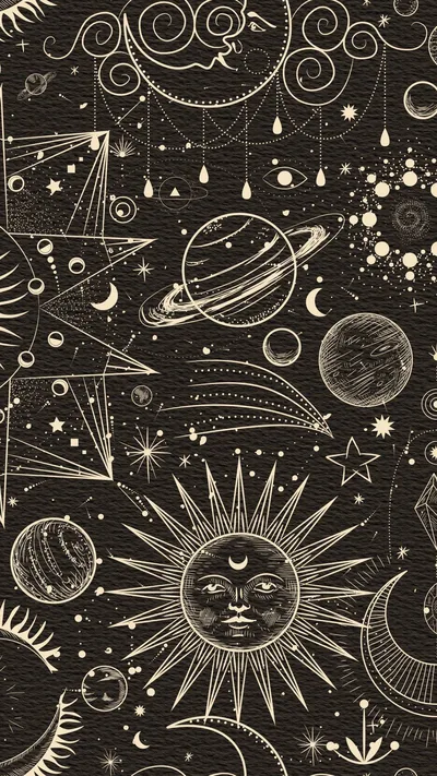 An engraved sun with a human face sits low centre, surrounded by Saturn, comets, crescents and stars in cream ink over dark brown.