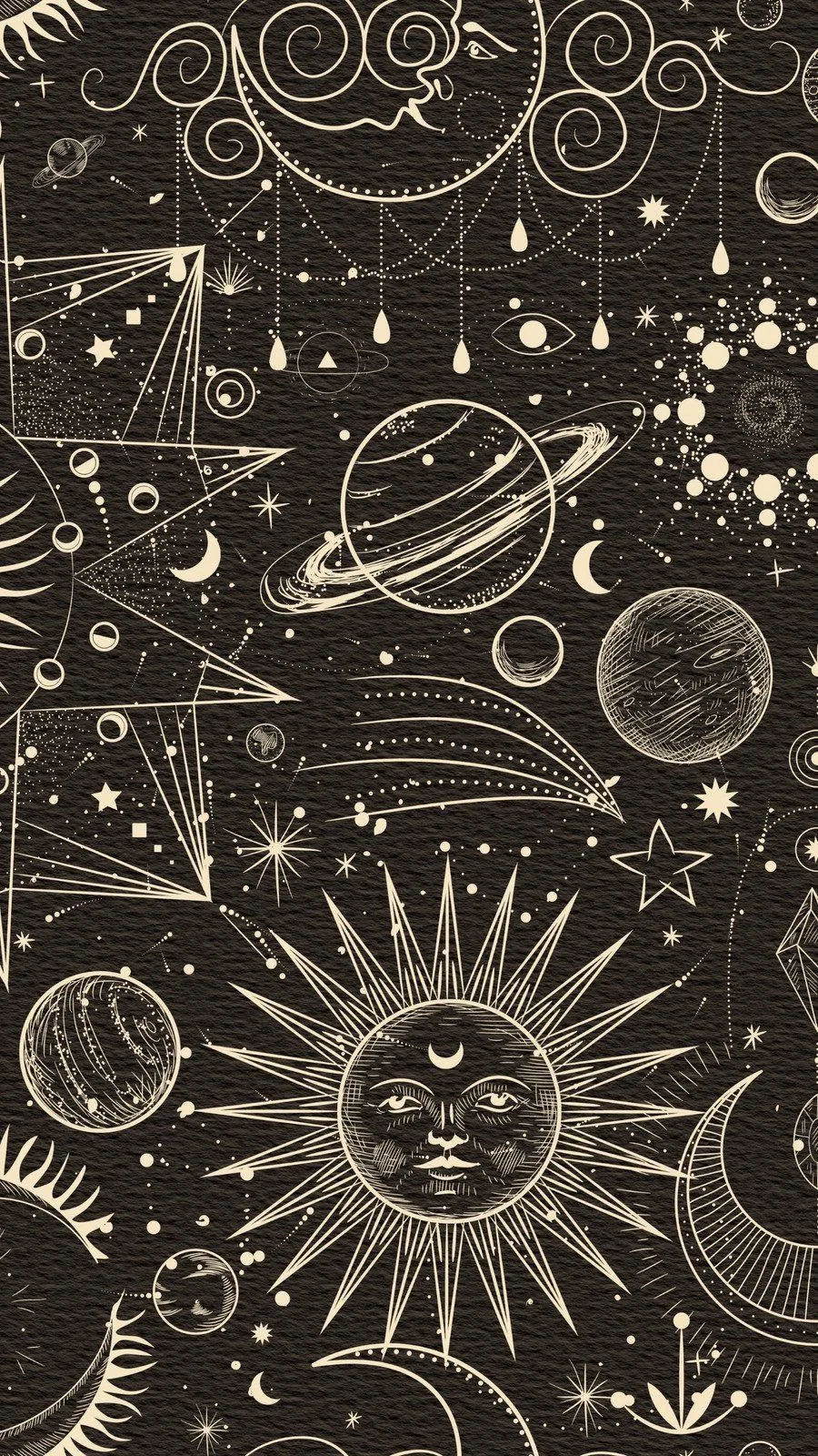 An engraved sun with a human face sits low centre, surrounded by Saturn, comets, crescents and stars in cream ink over dark brown.