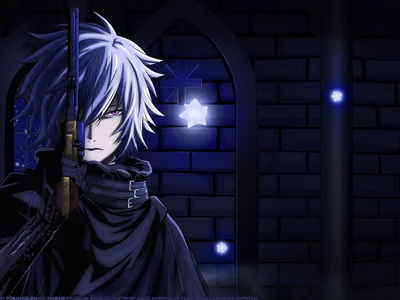 He stands in a stone archway in a dark cape, blade over one shoulder, small blue lights floating around the brickwork.