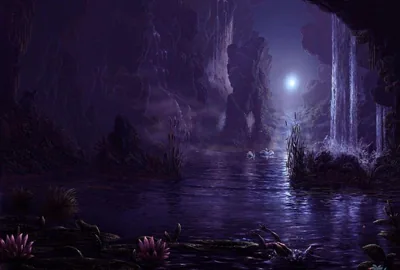 A violet cavern opens onto still water, waterfalls on the right and a bright moon low in the gap, lilies in the foreground.