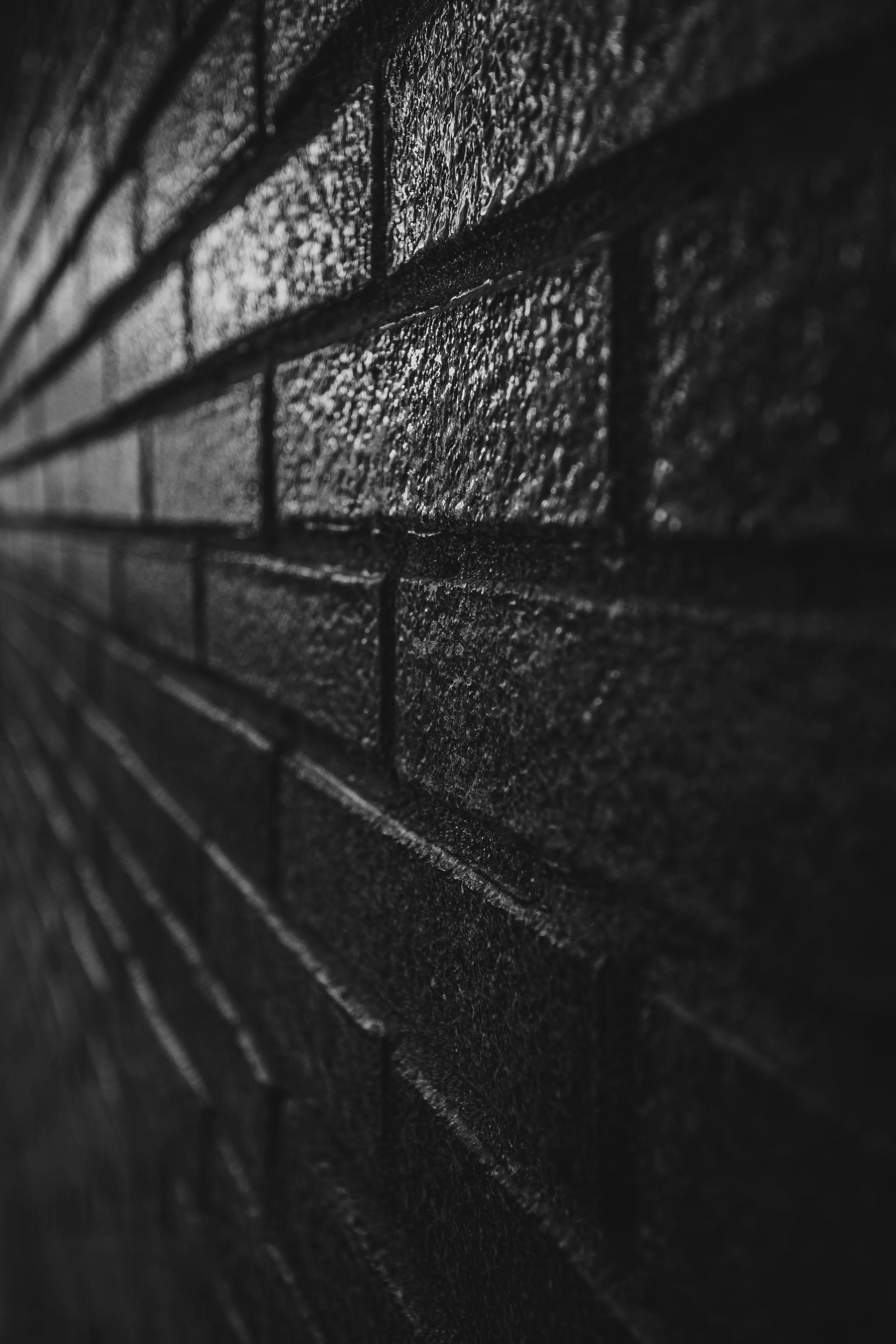 Glazed black bricks recede at a steep angle, the nearest courses crisp and grainy while the far end blurs into bokeh.