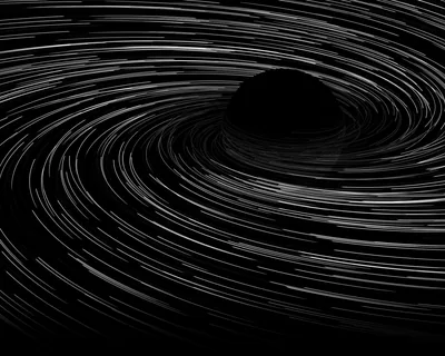 Long-exposure star trails spiral around a black boulder just above centre, the streaks thinning until the bottom edge fades to plain black.