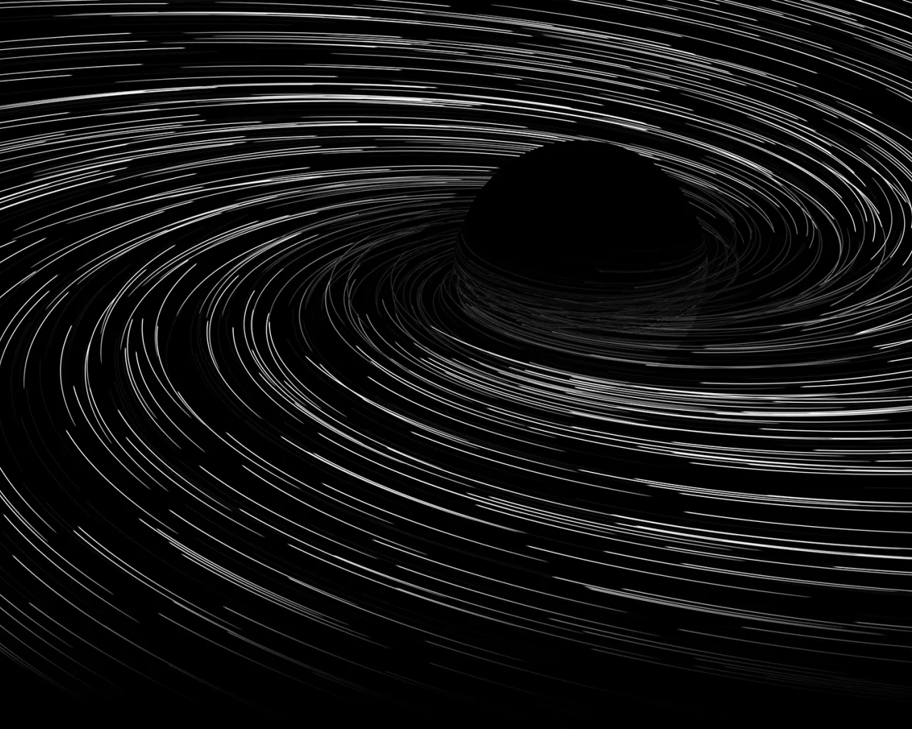 Long-exposure star trails spiral around a black boulder just above centre, the streaks thinning until the bottom edge fades to plain black.