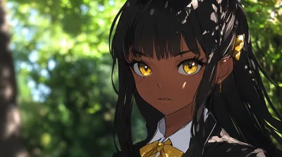 Yellow eyes and a school uniform ribbon under dappled light, long black hair catching flecks of sun with the trees blurred out behind.
