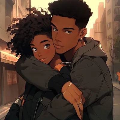 Illustrated in warm dusk tones, a girl wraps her arms around her partner shoulders on a blurred street of shopfronts and lit signs.