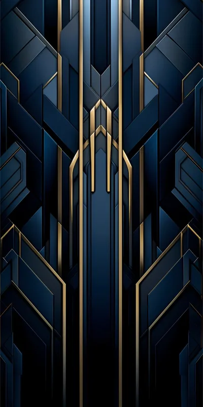 Symmetrical navy blocks step up toward a pointed gold spire at the centre, thin metallic lines tracing the seams like a deco facade.