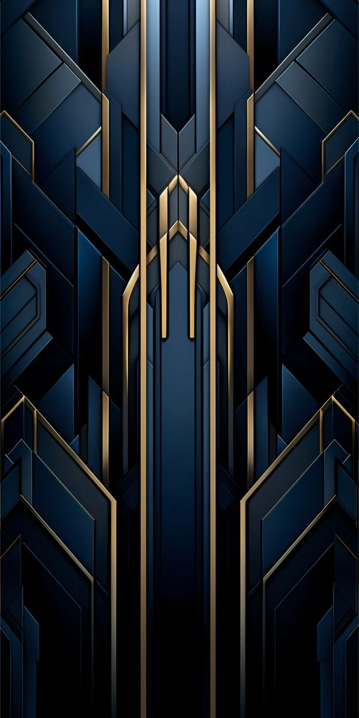 Symmetrical navy blocks step up toward a pointed gold spire at the centre, thin metallic lines tracing the seams like a deco facade.