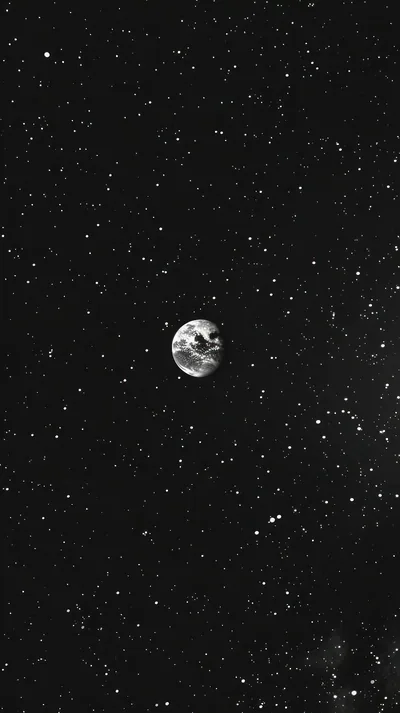 A single cloud-covered planet sits high in a tall black-and-white frame, the rest of the space filled with evenly spread pinpoint stars.
