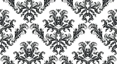 Heavy black acanthus scrolls repeat across clean white in a baroque damask tile, each motif mirrored so the seams disappear.
