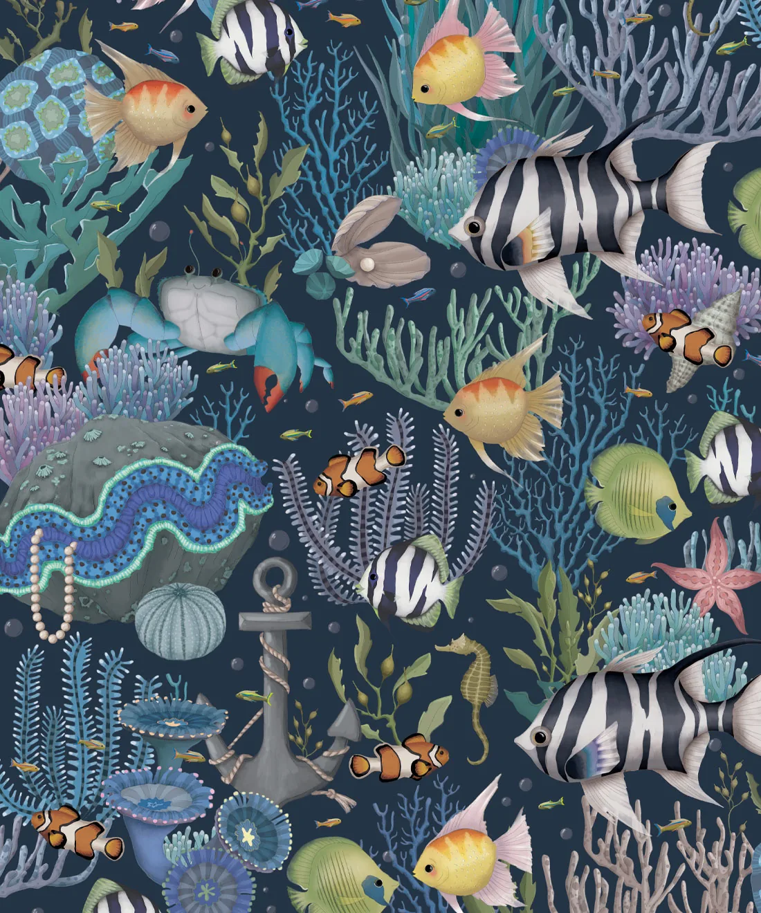 An illustrated repeating pattern of clownfish, angelfish, coral and shells on navy blue, drawn in a vintage fabric-print style.