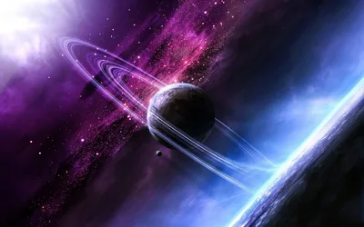 Thin rings sweep around a dark planet set between a purple nebula above and a blue-lit planet edge below, small moons caught along the ring plane.