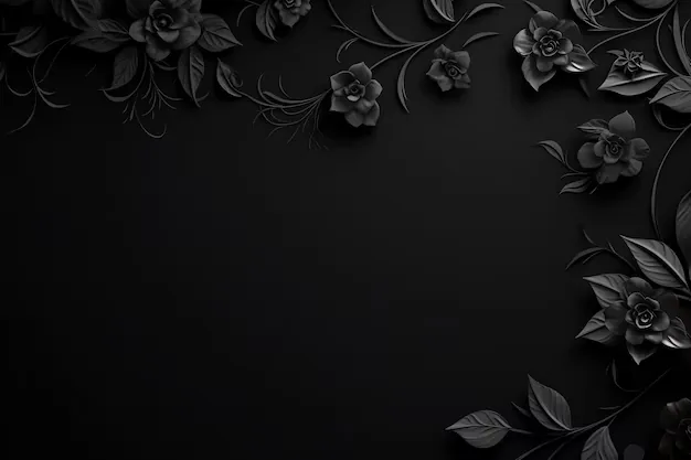 Carved black roses and leaves crowd the top corners and the right edge, leaving a wide empty panel of dark grey through the centre.