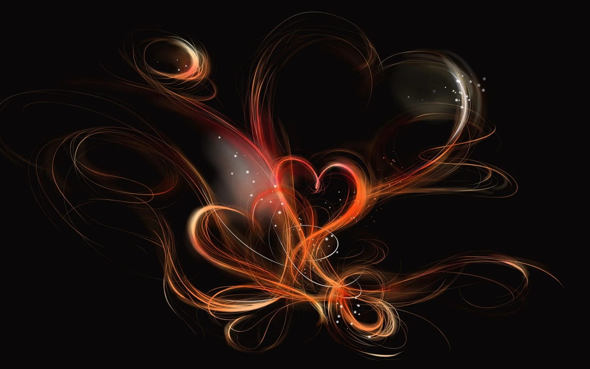 Thin ribbons of orange light curl and cross on black, tightening into a single heart outline at the centre.