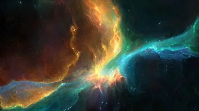 Painted nebula clouds meet along a glowing ridge, golden dust on the left folding into teal on the right with star clusters caught in the seam.