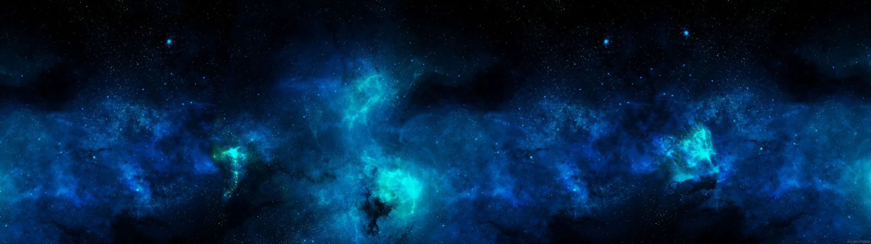 A very wide panorama of cyan cloud formations over black, with two brighter knots left of centre and a handful of stars along the top edge.