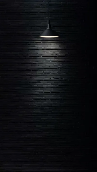 A single cone pendant lamp throws a narrow beam down a black painted brick wall, the rest of the tall frame left in shadow.