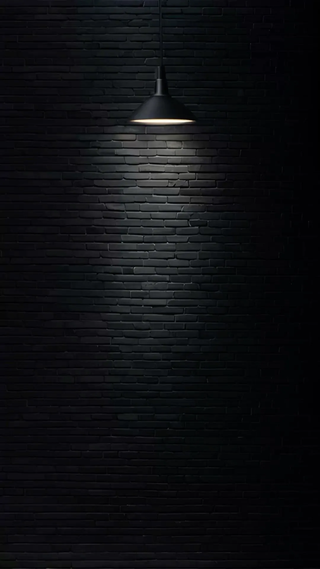 A single cone pendant lamp throws a narrow beam down a black painted brick wall, the rest of the tall frame left in shadow.