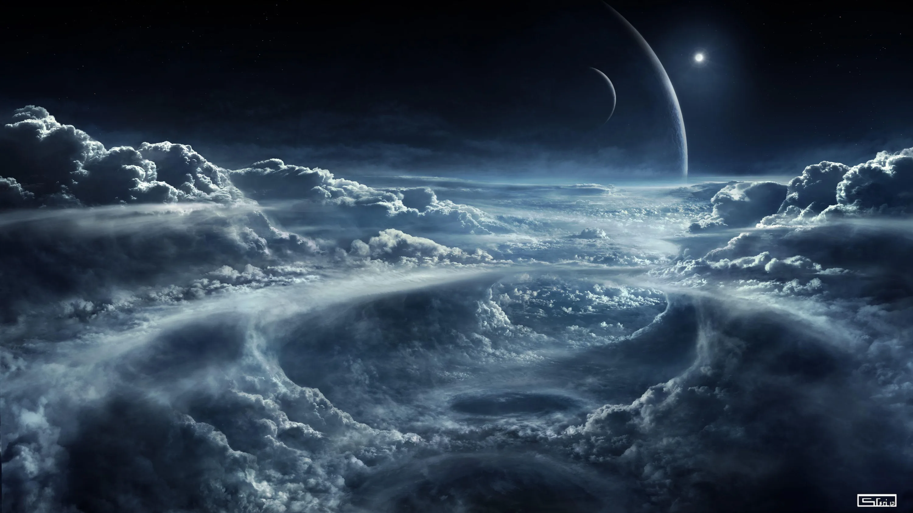 Rings of storm cloud seen from high above, two thin crescents and a single bright star hanging along the top edge of a grey-blue sky.