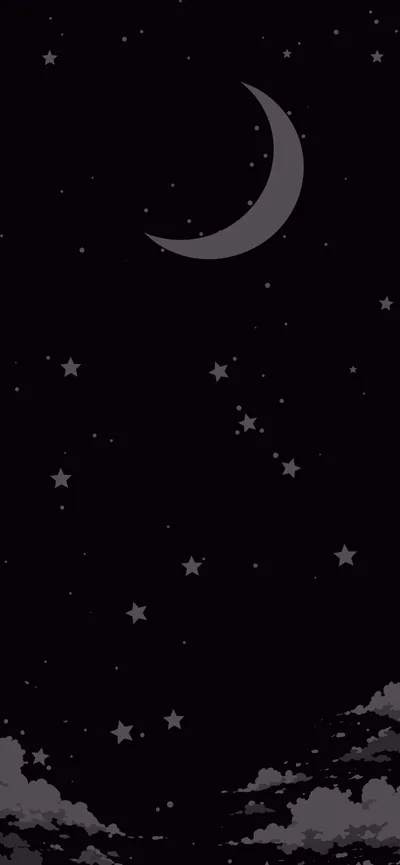 A drawn crescent moon in the upper left with simple five-point stars falling below it and flat cloud shapes along the bottom edge.