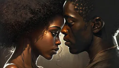 A painted portrait of two people leaning in until their foreheads meet, warm side light catching her curls and the bridge of his nose.
