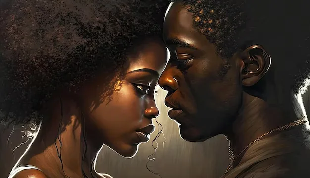 A painted portrait of two people leaning in until their foreheads meet, warm side light catching her curls and the bridge of his nose.