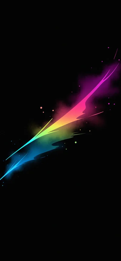 A spray of pink, green and blue light shoots diagonally upward with small sparks scattered around it, the rest of the frame pure black.