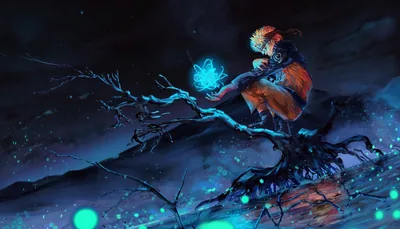 Naruto crouches on a bare branch cradling a teal Rasengan, its light scattering into fireflies across a dark blue night scene.