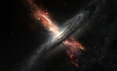 An edge-on galaxy throws two ragged jets of red-lit gas out from its white core, the rest of the sky left almost empty.