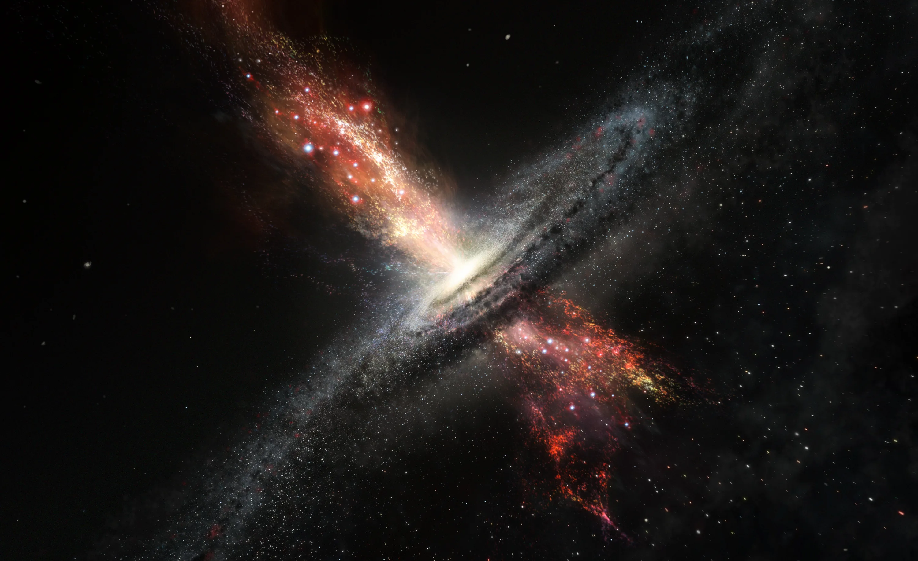 An edge-on galaxy throws two ragged jets of red-lit gas out from its white core, the rest of the sky left almost empty.