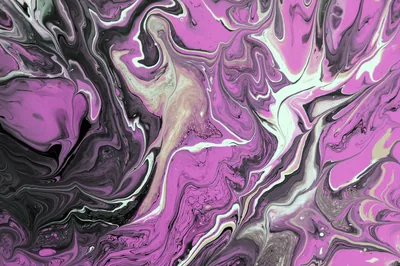 Fluid acrylic pour art where magenta drags through black and white veins, the swirls tightening toward the left edge.