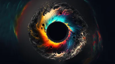 Multicoloured smoke curls in a ring around a perfectly black circular core, the rest of the frame near-black so it sits well on OLED screens.