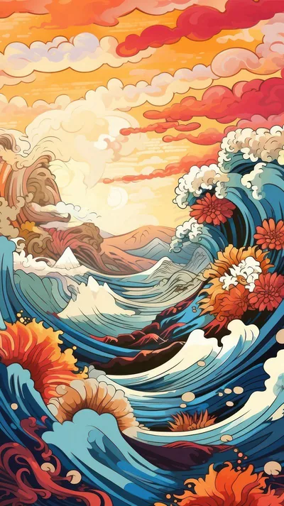 Layered blue waves curl beneath orange sunset clouds in a tall woodblock-style illustration, red chrysanthemums riding the crests along the lower half.