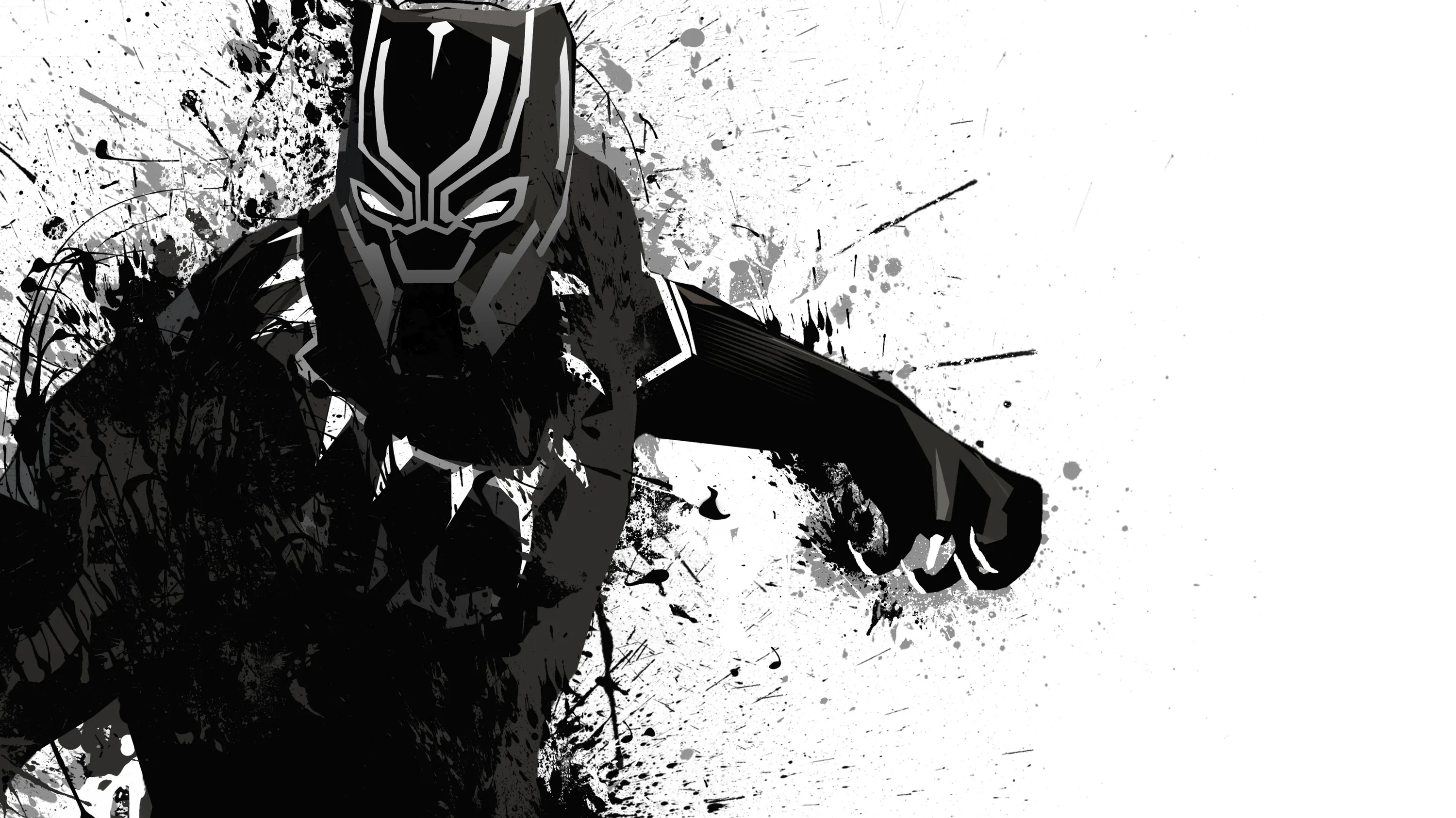 A masked figure lunges forward, the body breaking apart into ink splatter against a plain white ground.