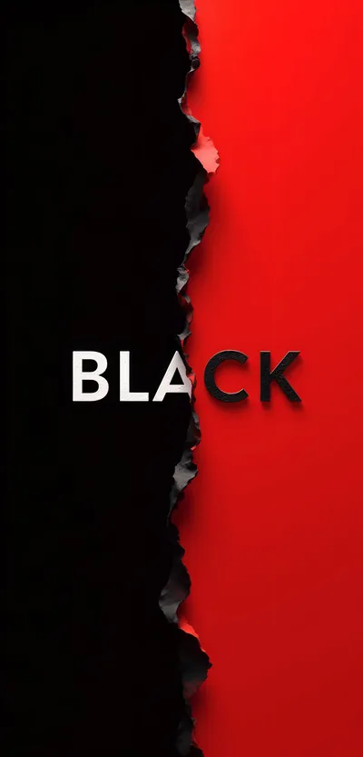 A ragged tear splits the screen between a black left half and a red right, the word black straddling the rip across the middle third.