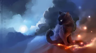 A painted cat sits with its back turned on a red ridge, tail curled, facing a bank of dark cloud lit from behind by a cold blue moon.