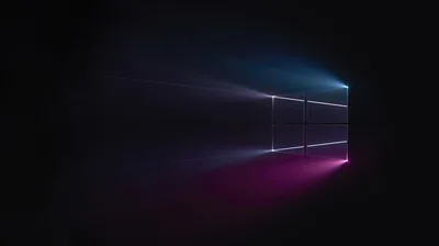 A thin white window outline floats in a black space, lit blue from above and violet from below.