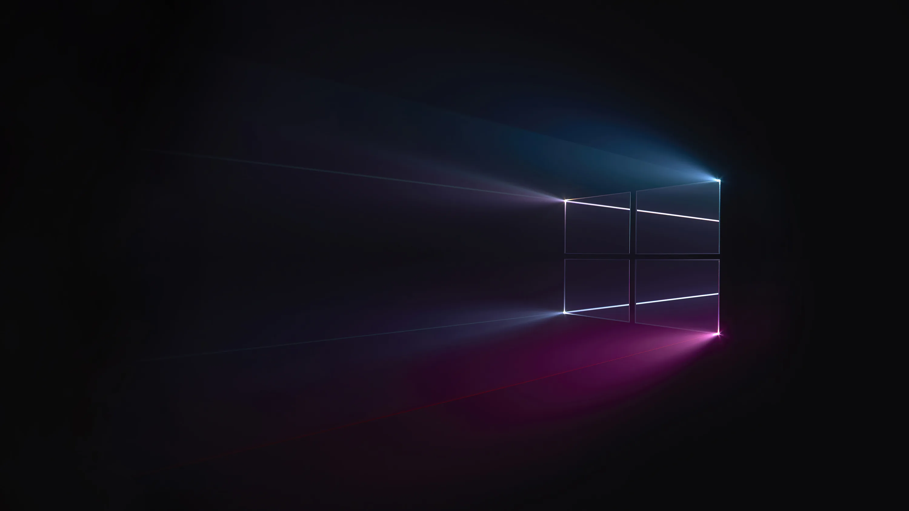 A thin white window outline floats in a black space, lit blue from above and violet from below.