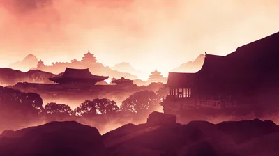 Tiered temple roofs recede in silhouette through rose-tinted mist, the strongest light glowing behind the large hall on the right; the rocky bottom edge stays dark.