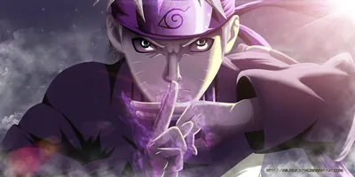 Naruto raises one finger to his lips in a violet-tinted haze, smoke drifting through the corners while lens flares streak low across the frame.