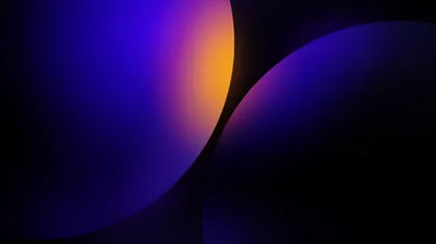 Two dark curved forms cross the frame like eclipsed planets, an orange core burning through violet haze between them while the right half stays almost black for OLED.
