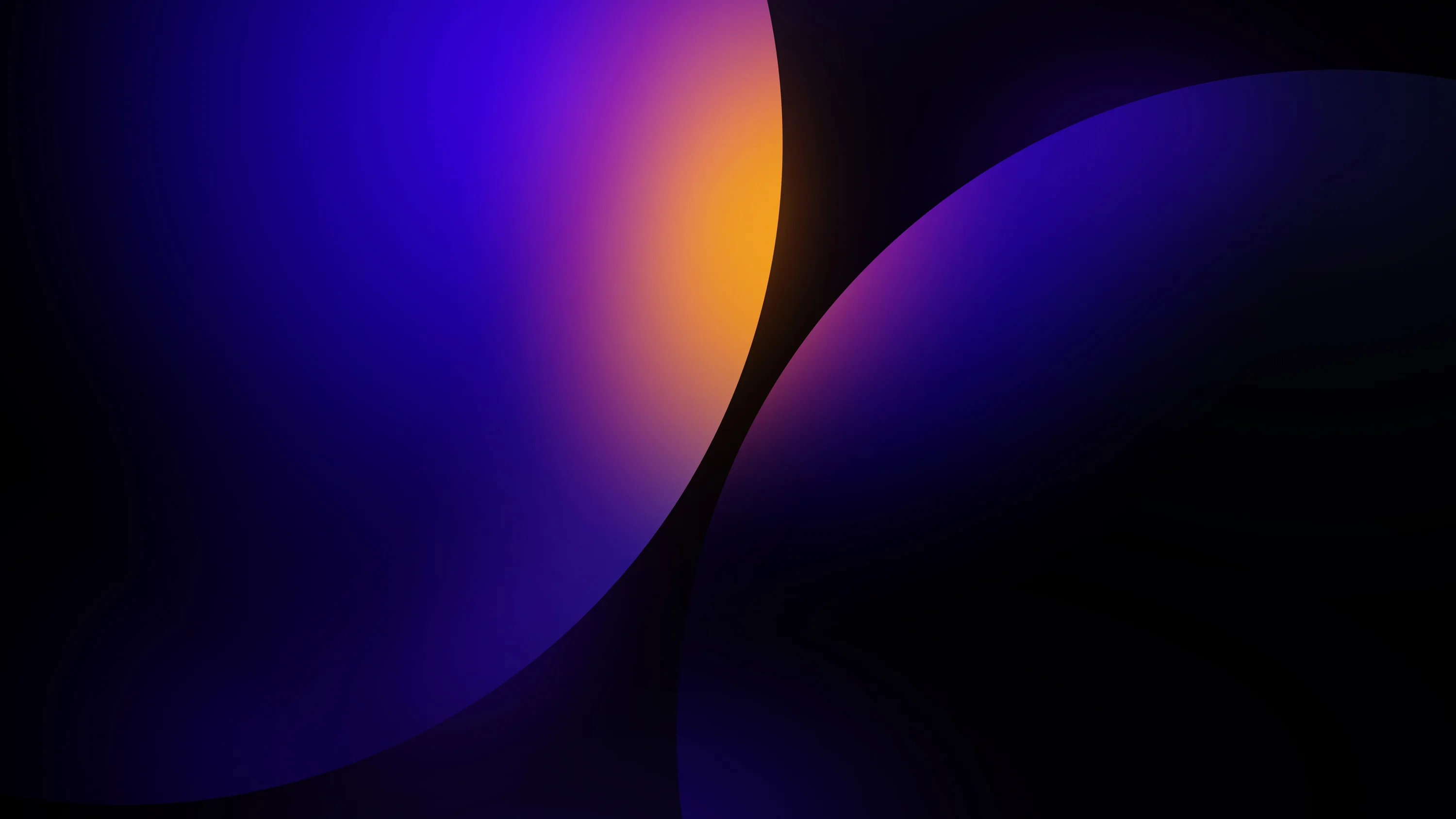 Two dark curved forms cross the frame like eclipsed planets, an orange core burning through violet haze between them while the right half stays almost black for OLED.