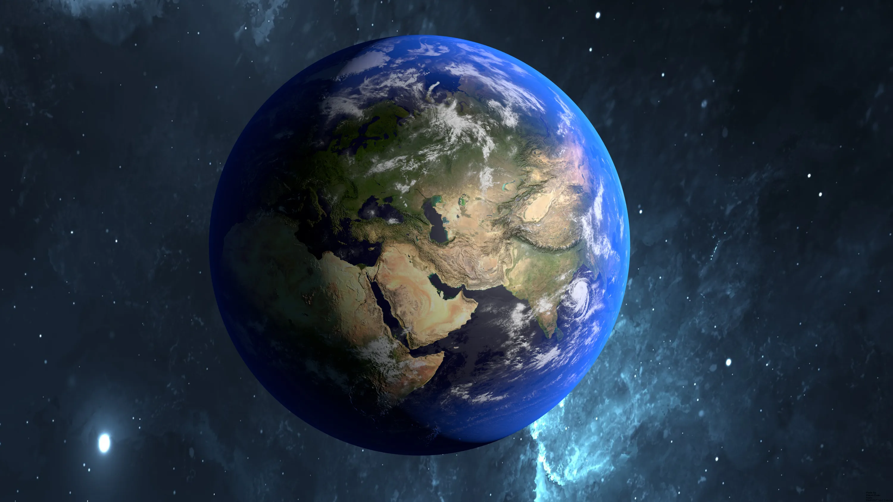 The planet faces out with the Sahara and Europe in view, a pale blue nebula glowing in the lower right of an otherwise dark sky.