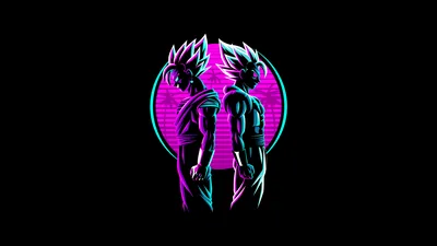 Two spiky-haired figures stand back to back before a glowing magenta disc, everything else in flat black.