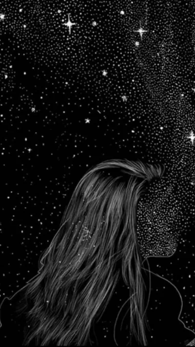 A drawn figure faces away with hair falling past the frame, hand-stippled stars scattering out from the top right corner.