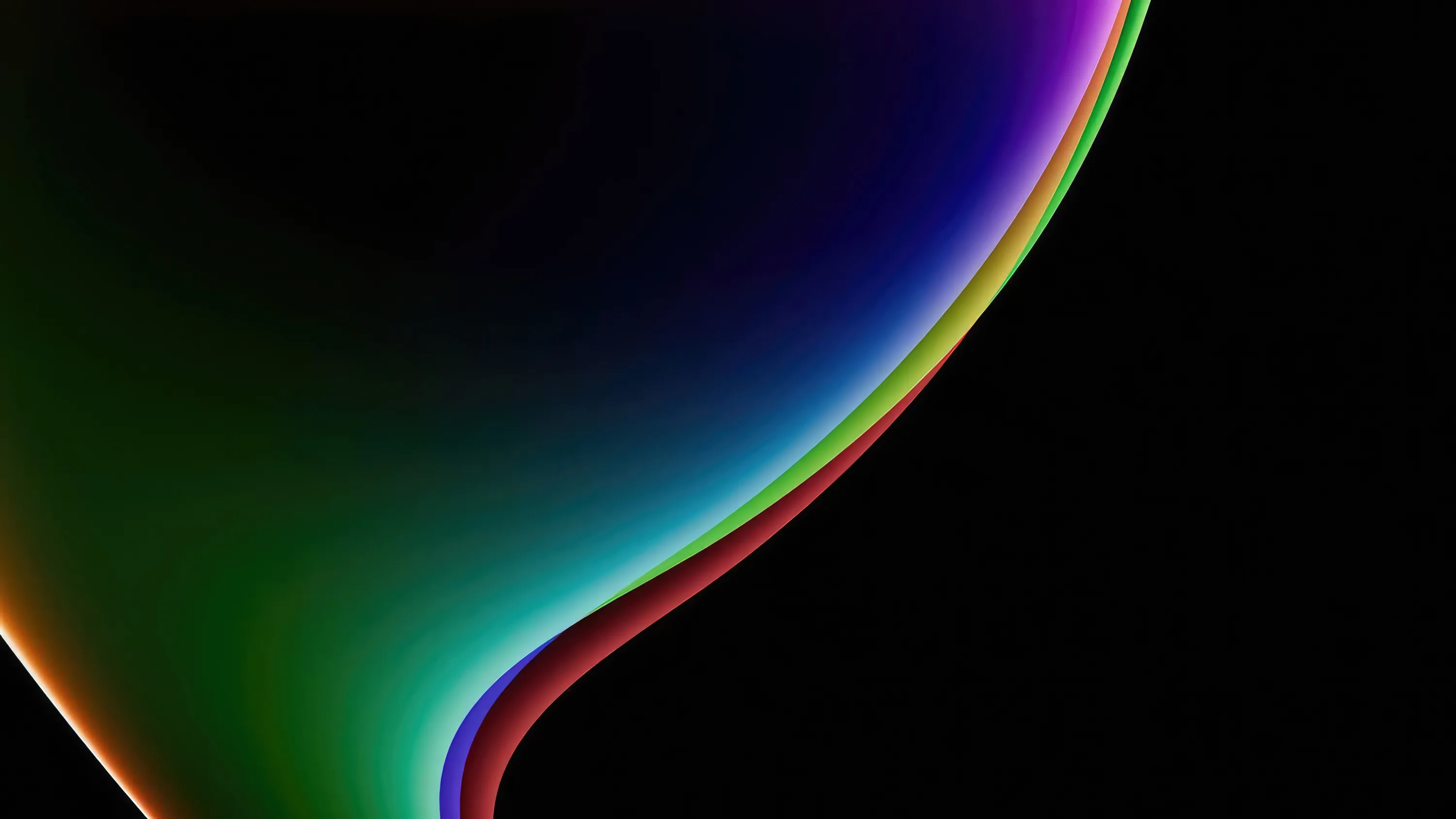 A glossy soap-film curve sweeps in from the left, its edge splitting into green, violet and orange before the frame drops back to flat black.